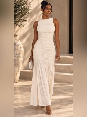 Elegant Cream Sleeveless Ruched Maxi Dress